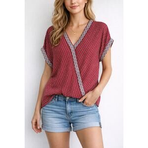 Max Studio Red and White Printed Surplice Faux Wrap Blouse Red size L